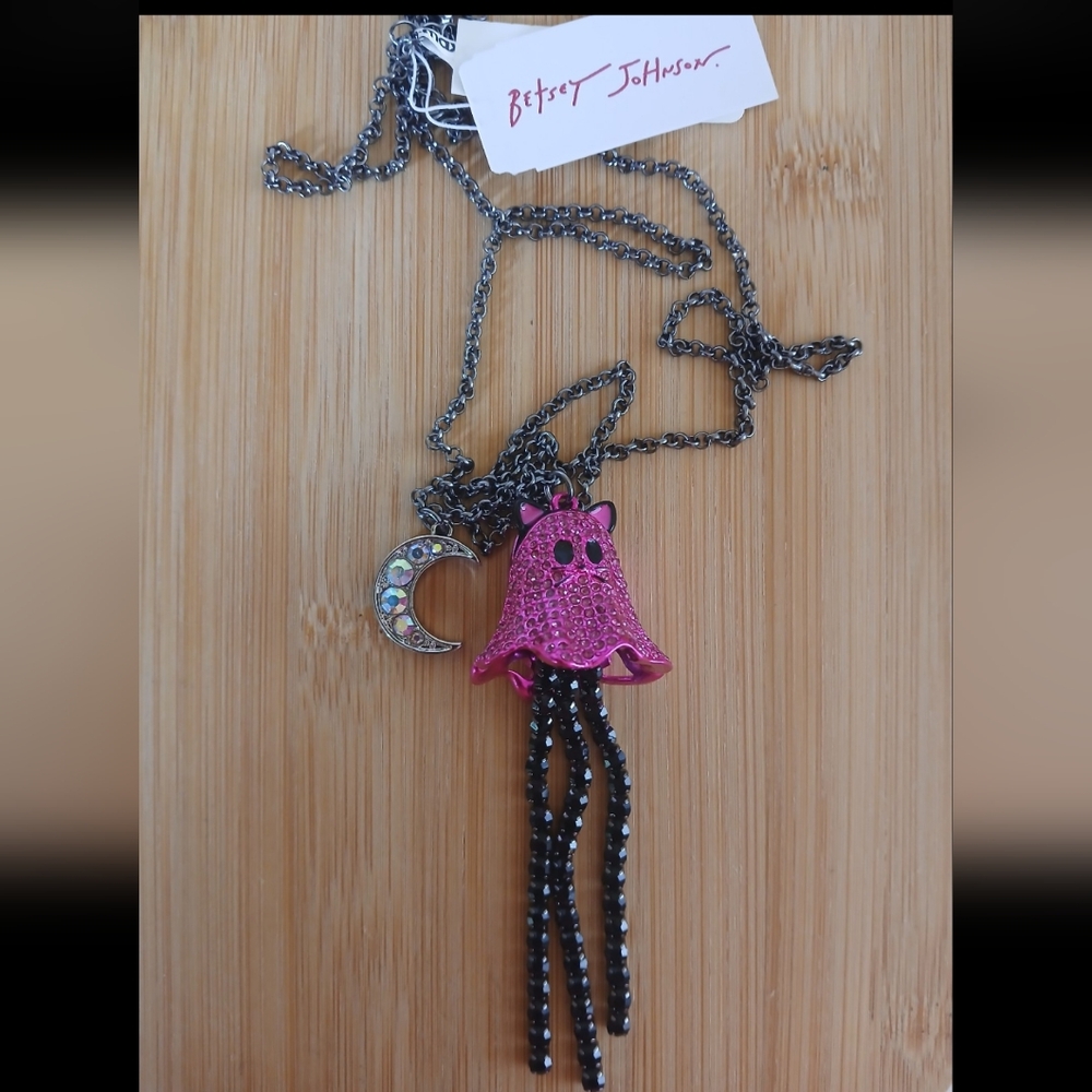 BNWT Betsey Johnson Halloween Pink Rhinestone Cat Ghost Necklace